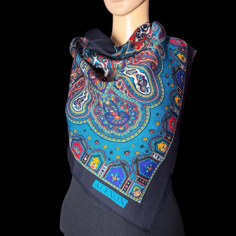 Vtg Womens Wool Square Scarf Blue Black Fringe Wrap 38x38 Alexon Paisley Vibrant